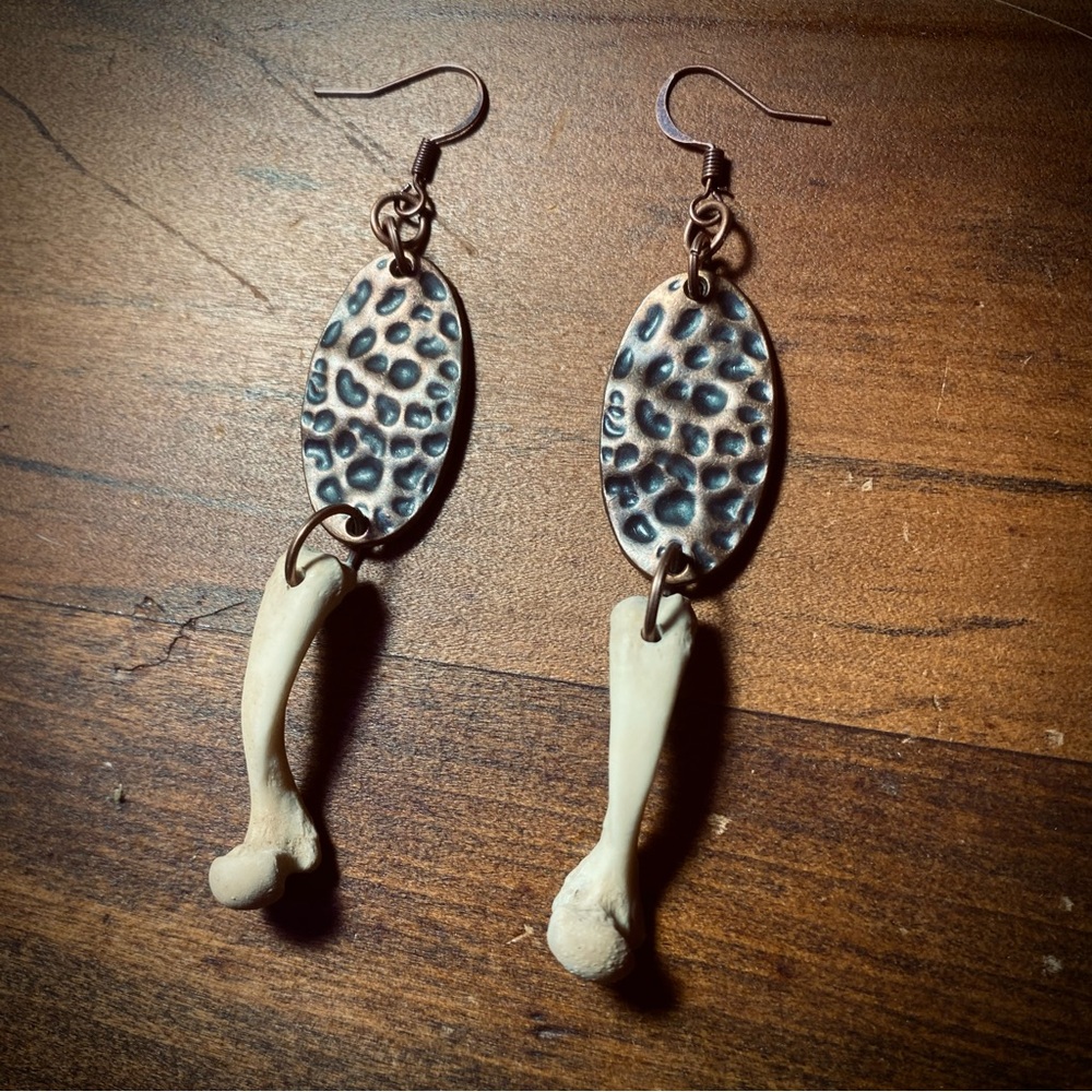 Squirrel Femur Bone Hammered Copper Earrings
